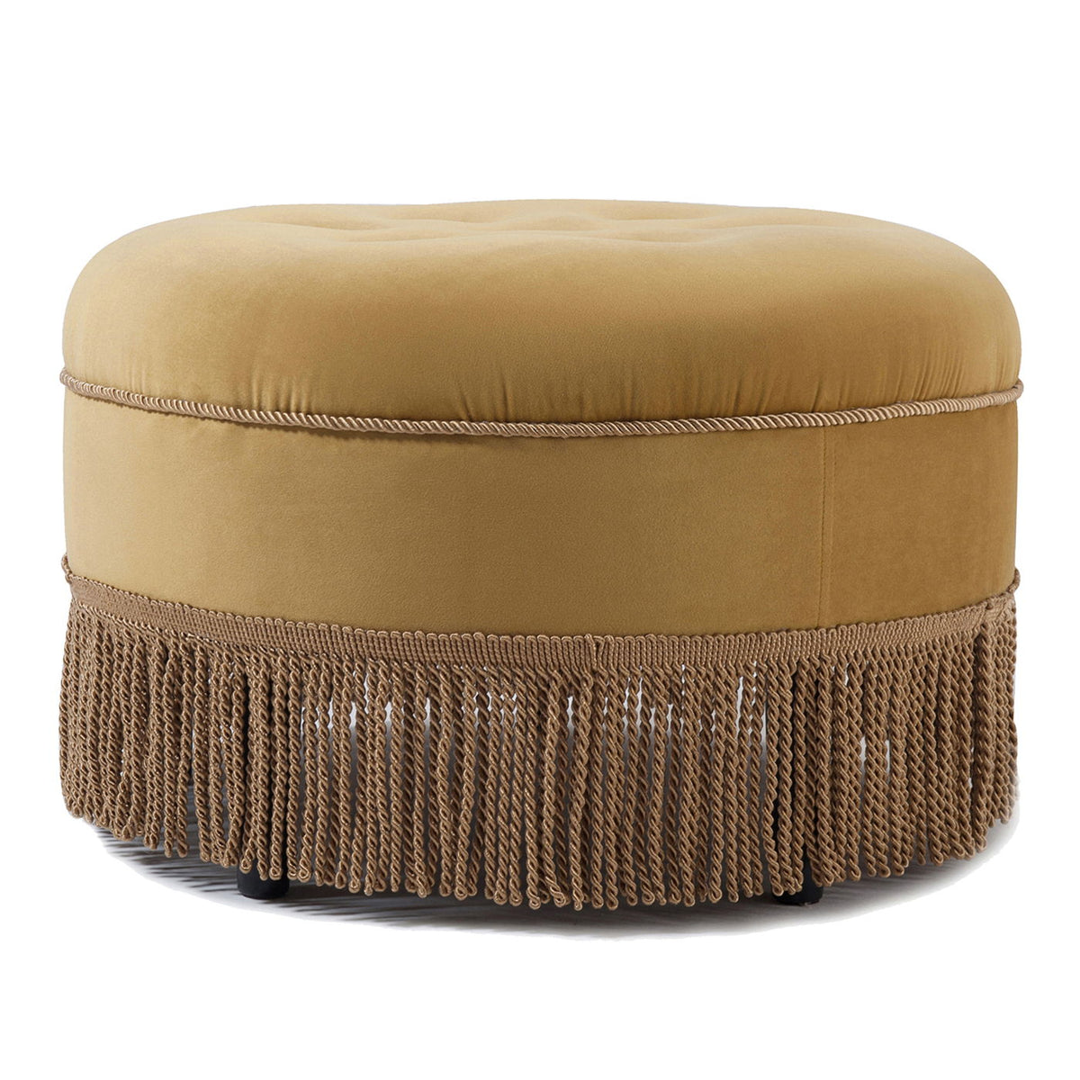 Luxurious Round Upholstered Ottoman with Fringe – Yellow or Purple
