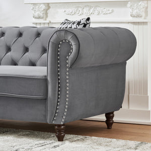 Chesterfield Upholstery Fabric Sofa With Roll Armrest & Nailhead, Mid Century Modern 3 And 3 Seater Couch