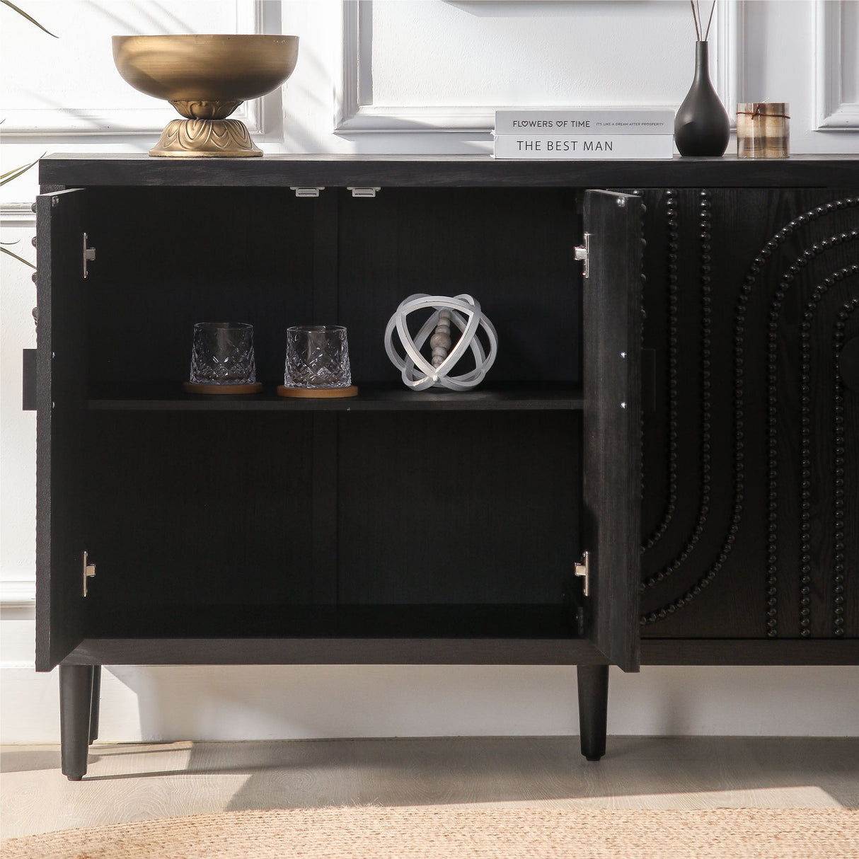 Wood Sideboard with 4 Doors and Tapered Legs