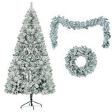 6FT Snow Flocked Christmas Tree, Pre-Lit Set with Tree & Garland & Wreath, Artificial Hinged Xmas Tree with Colorful LED Lights