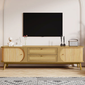 Rattan TV Stand For Tvs Up To 75'', Modern Farmhouse Media Console, Entertainment Center With Legs, TV Cabinet For Living Room, Home Theatre - Natural Wood
