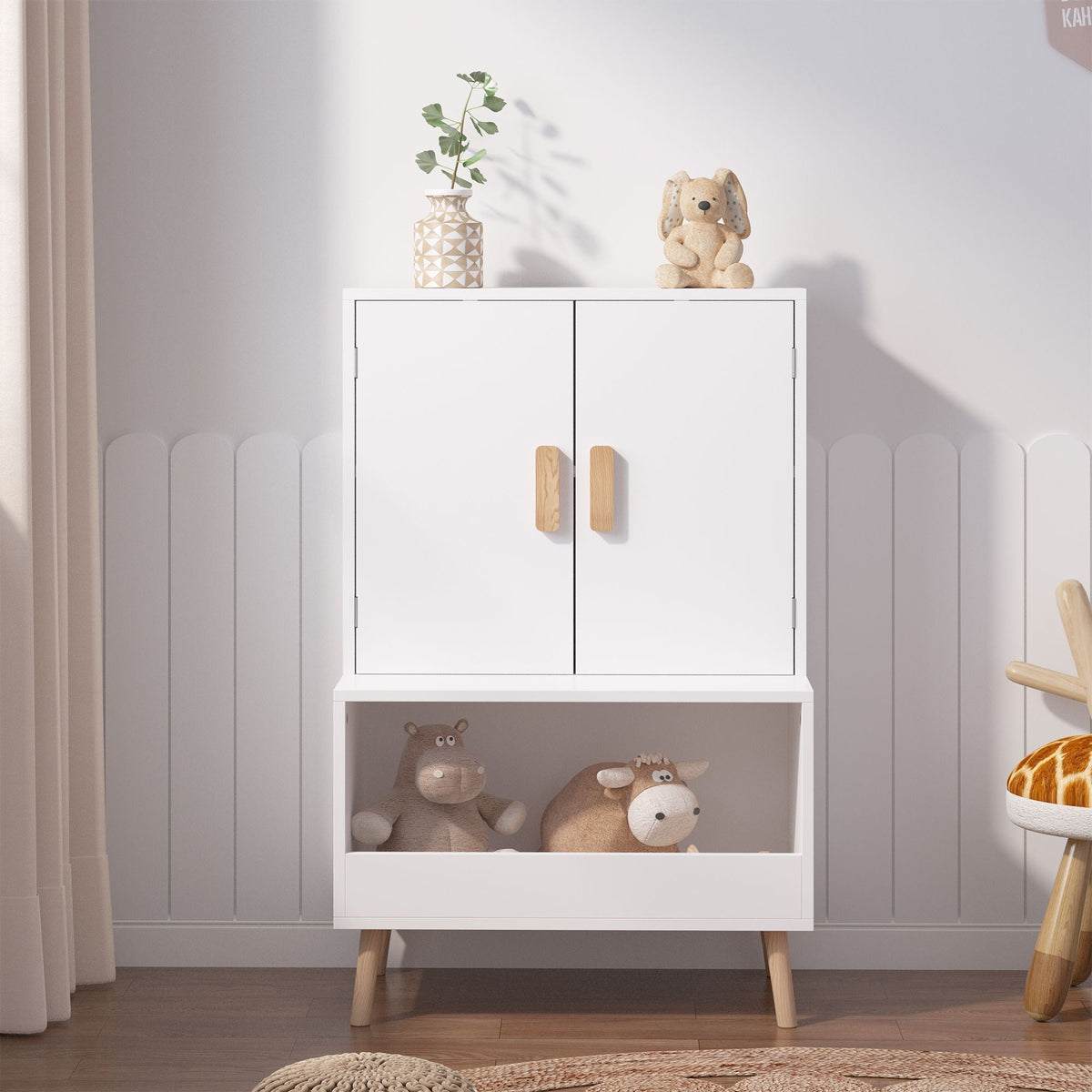 Toy Storage Cabinet with Doors and Open Shelf - White Wood Kids Bookcase