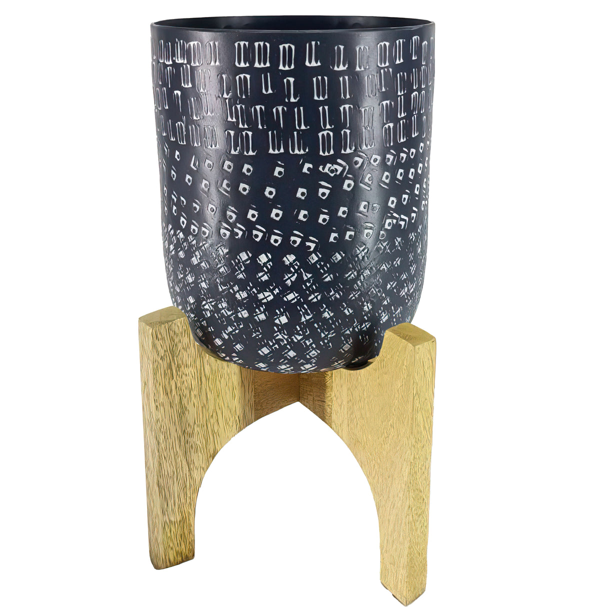 Alex 8 inch artisanal industrial metal planter pot with wood arch stand, midnight blue