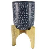 Alex 8 inch artisanal industrial metal planter pot with wood arch stand, midnight blue