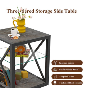 Modern End Table Nightstand with Tempered Glass & Wood Grain MDF