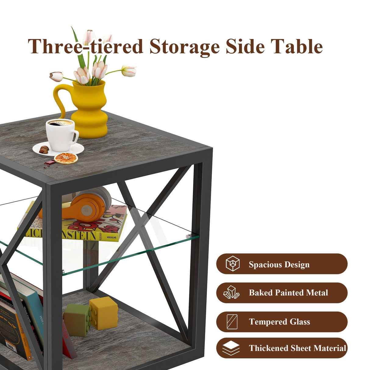 Modern End Table Nightstand with Tempered Glass & Wood Grain MDF