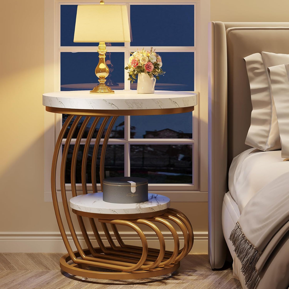 Round Vintage End Table With 2 Tier Storage