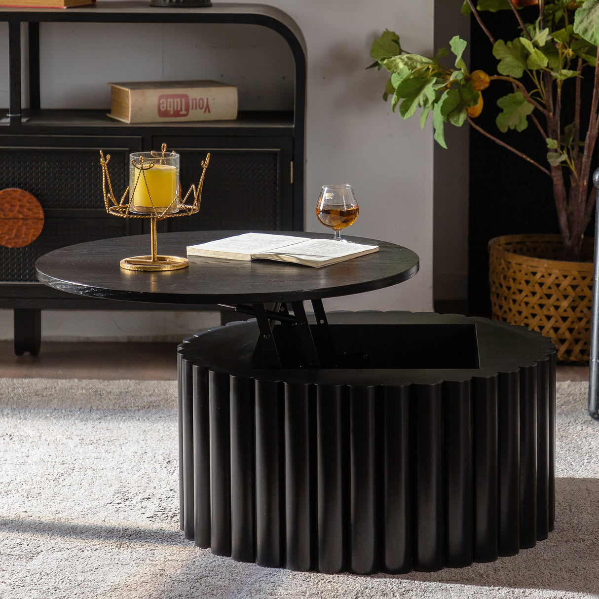 Round Coffee Table With Lift Handcrafted Relief