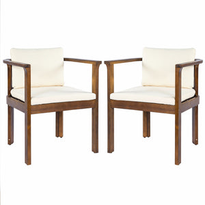Outdoor Dining Chair Set of 2 with Curved Acacia Wood Arms, Brown Finish and Cream Cushions