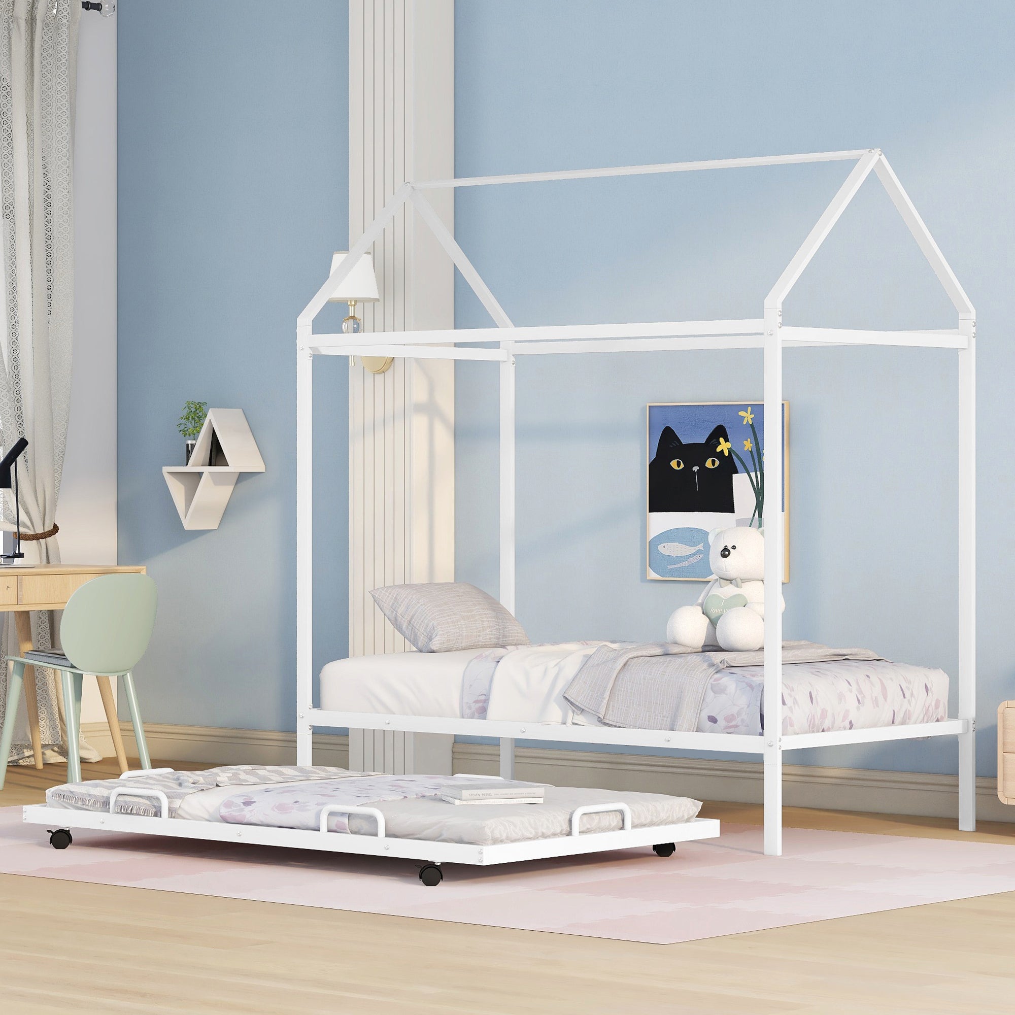 Twin-Size-Kids-House-Bed-With-Trundle,-Metal-House-Bed-White-Kids-Beds