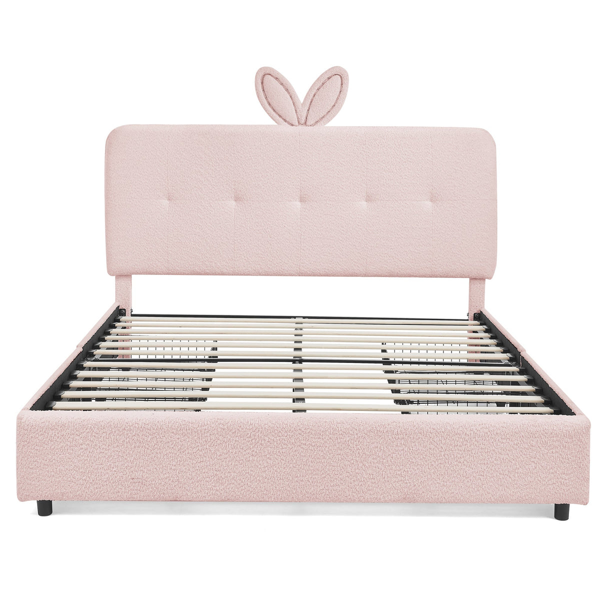 Full Size Kids Upholstered Bed with Oversized Rabbit Ear Headboard, LED Light & 4 Storage Drawers, Boucle Fabric (79.5''X55.75''X41'')