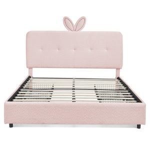 Full Size Kids Upholstered Bed with Oversized Rabbit Ear Headboard, LED Light & 4 Storage Drawers, Boucle Fabric (79.5''X55.75''X41'')
