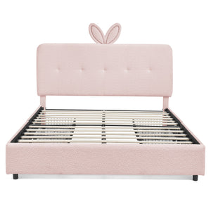 Queen Size Kids Upholstered Bed with Oversized Rabbit Ear Headboard, LED Light & 4 Storage Drawers, Boucle Fabric (84.5''X62.75''X41'')