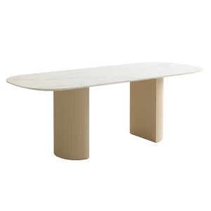 Stainless Steel Dining Table with Rock Plate and Woven Leather