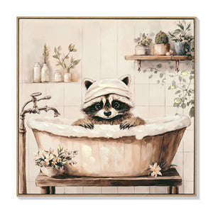 Raccoon Bathroom Canvas Wall Art Raccoon in Bathtub Painting Funny Animal Bathroom Wall Art Black and White Animal Bathtub Pictures for Bath Restroom Wall Decor Framed 24x24 inch