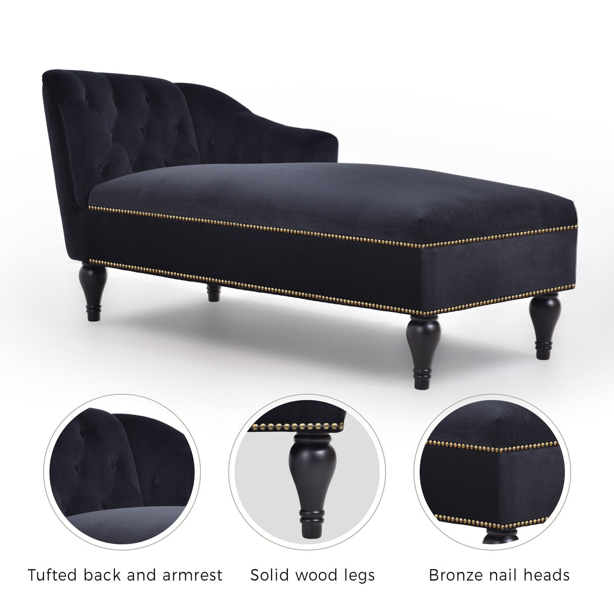 58" Velvet Chaise Lounge with Nailhead Trim and Solid Wood Legs