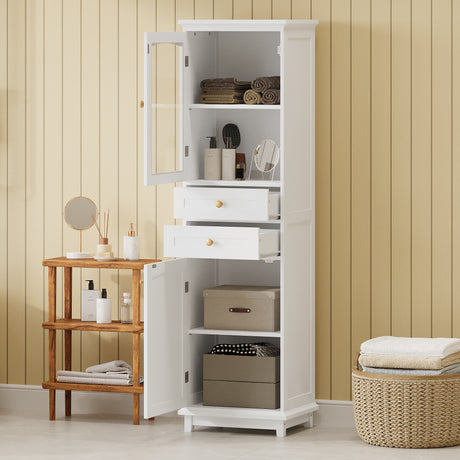 63"  Tall White Bathroom Cabinet with Glass Doors and Gold Handles