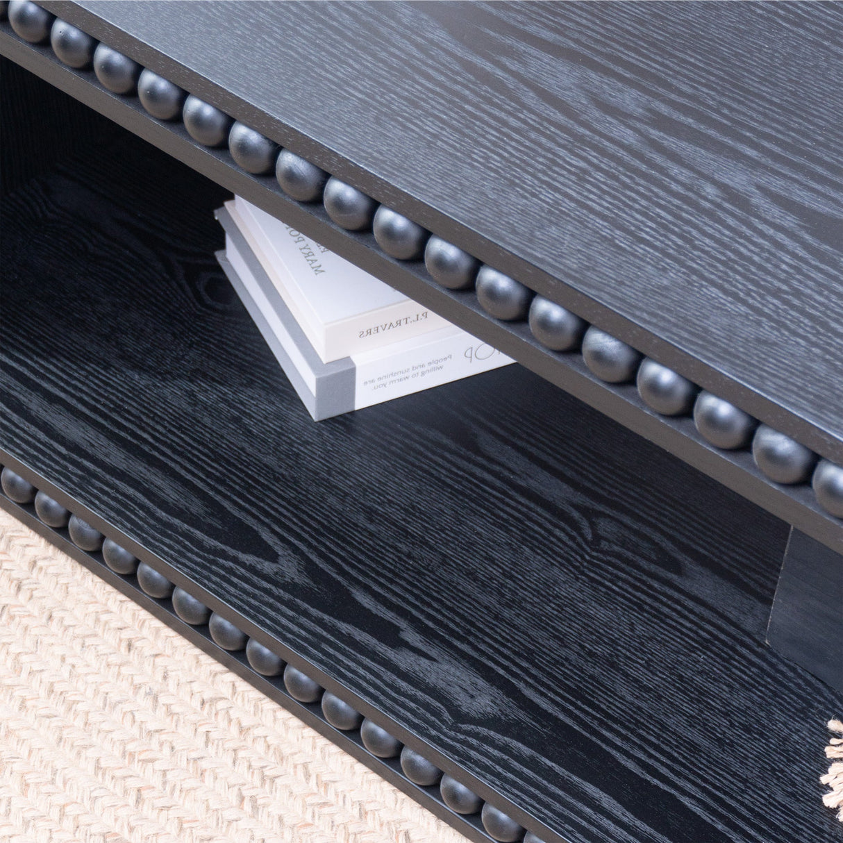 Black Beaded Edge Coffee Table – 47.6' Rectangular Center Table with Open Storage Shelf, Modern Farmhouse Style, Solid Black Finish