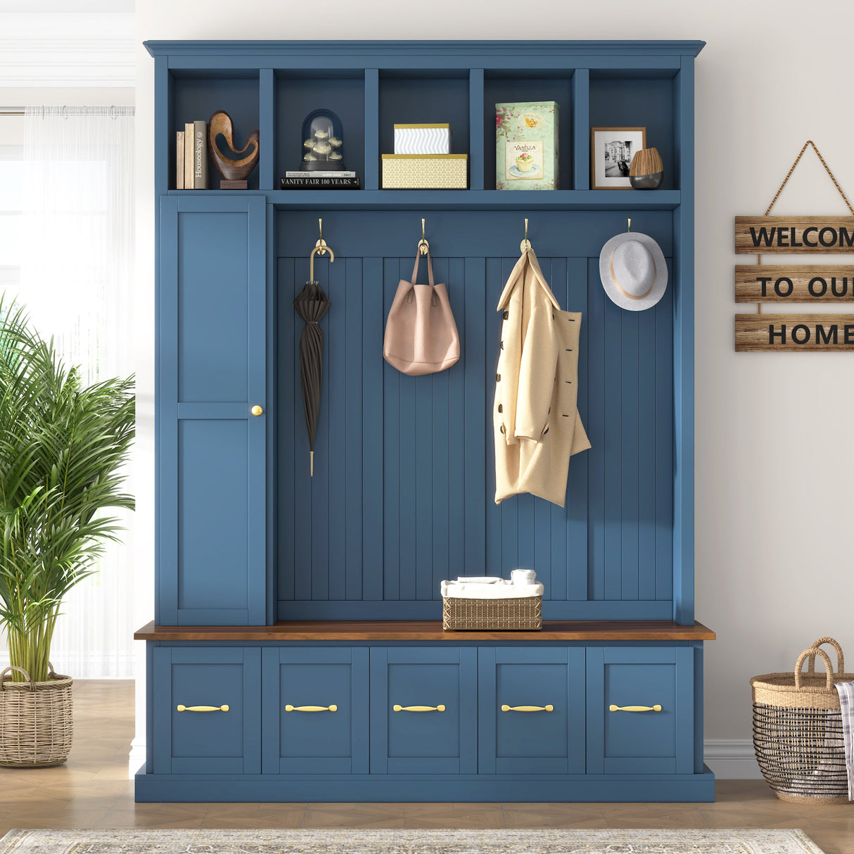 U-Can Entryway Hall Tree with Coat Hooks, Shoe Bench & Drawer Storage Cabinet