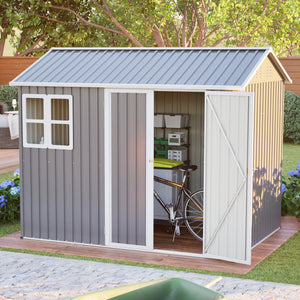 8'x6' Large Steel Storage Shed with Window, Lockable Doors & Sloped Roof