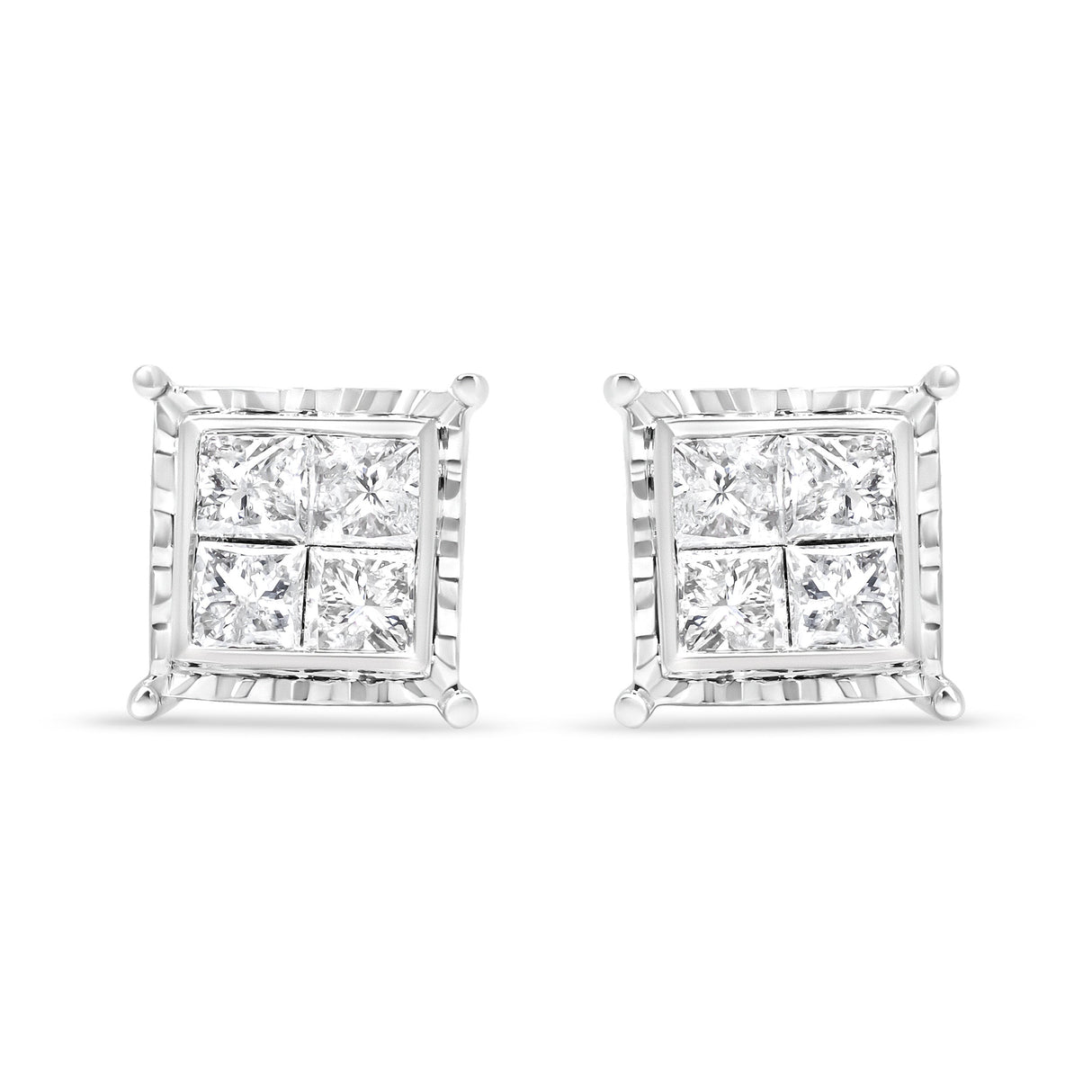 14K White Gold 1 1/2 Cttw Invisible Set Princess-Cut Diamond Contemporary Wavy Quad Stud Earrings (I-J Color, I1-I2 Clarity)