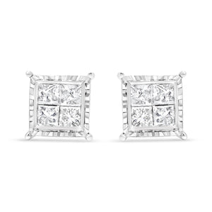 14K White Gold 1 1/2 Cttw Invisible Set Princess-Cut Diamond Contemporary Wavy Quad Stud Earrings (I-J Color, I1-I2 Clarity)