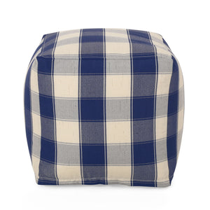 Connor - Checkered Square Pouf Ottoman And Floor Cushion - Ivory / Navy