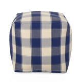 Connor Checkered Square Pouf Ottoman and Floor Cushion Ivory Navy