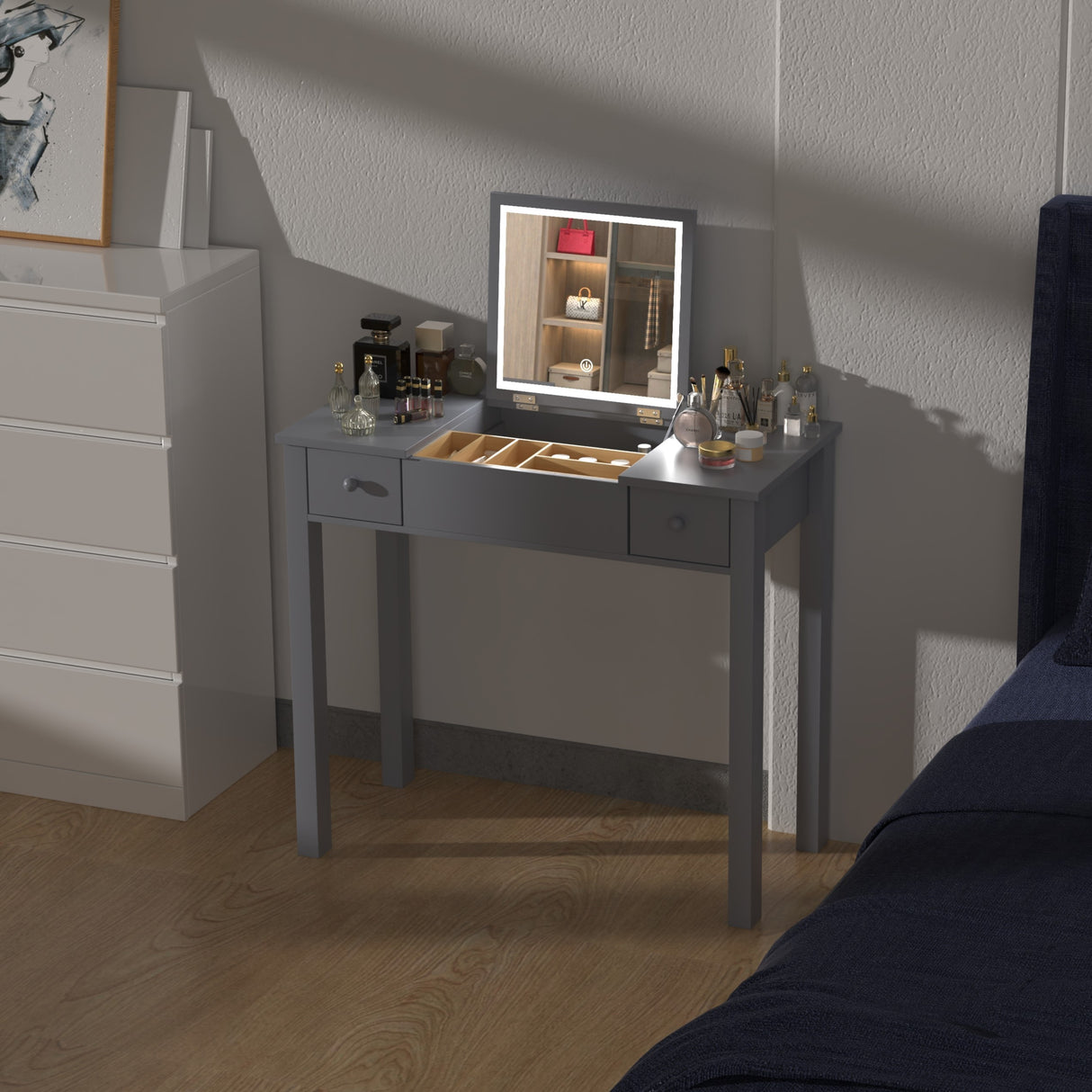 Grey vanity table with led lights, flip-top mirror and 2 drawers, jewelry storage