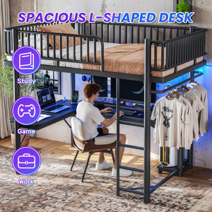 Full Loft Bed with L-Shaped Desk and LED Light Strip