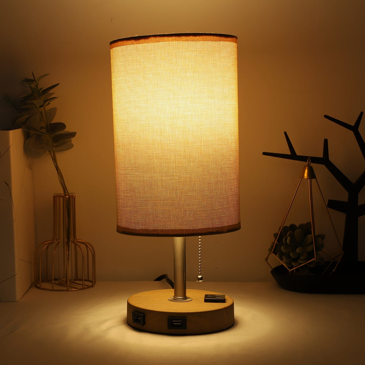 Touch Table Lamp with USB & Outlet – Modern Fabric Shade Bedside Light for Bedroom