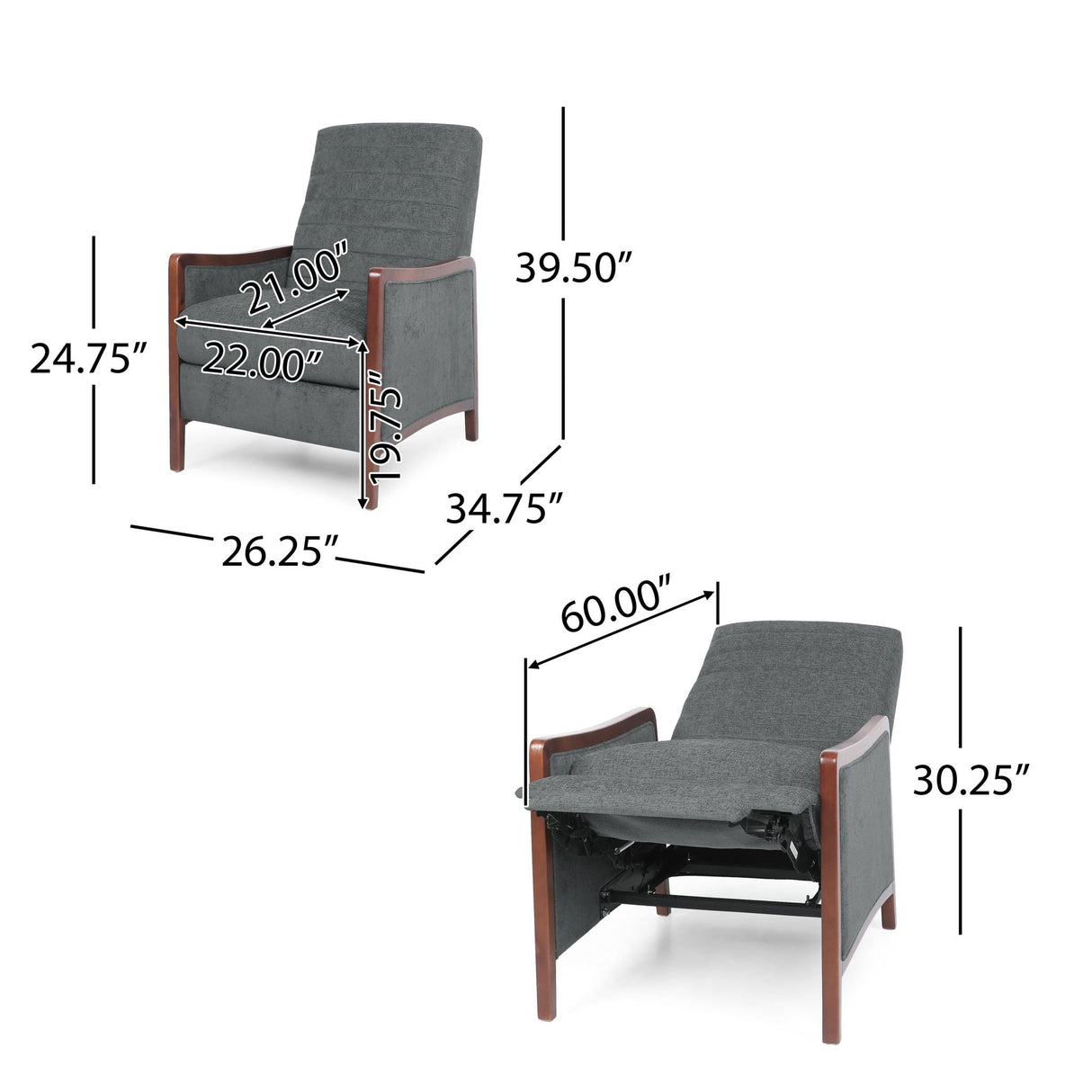 Mendota - Mid Century Modern Fabric Channel Stitch Wood Pushback Recliner - Gray