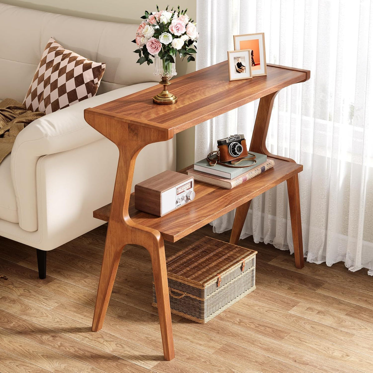 Narrow End Table With 2 Tier Shelf - Cherry