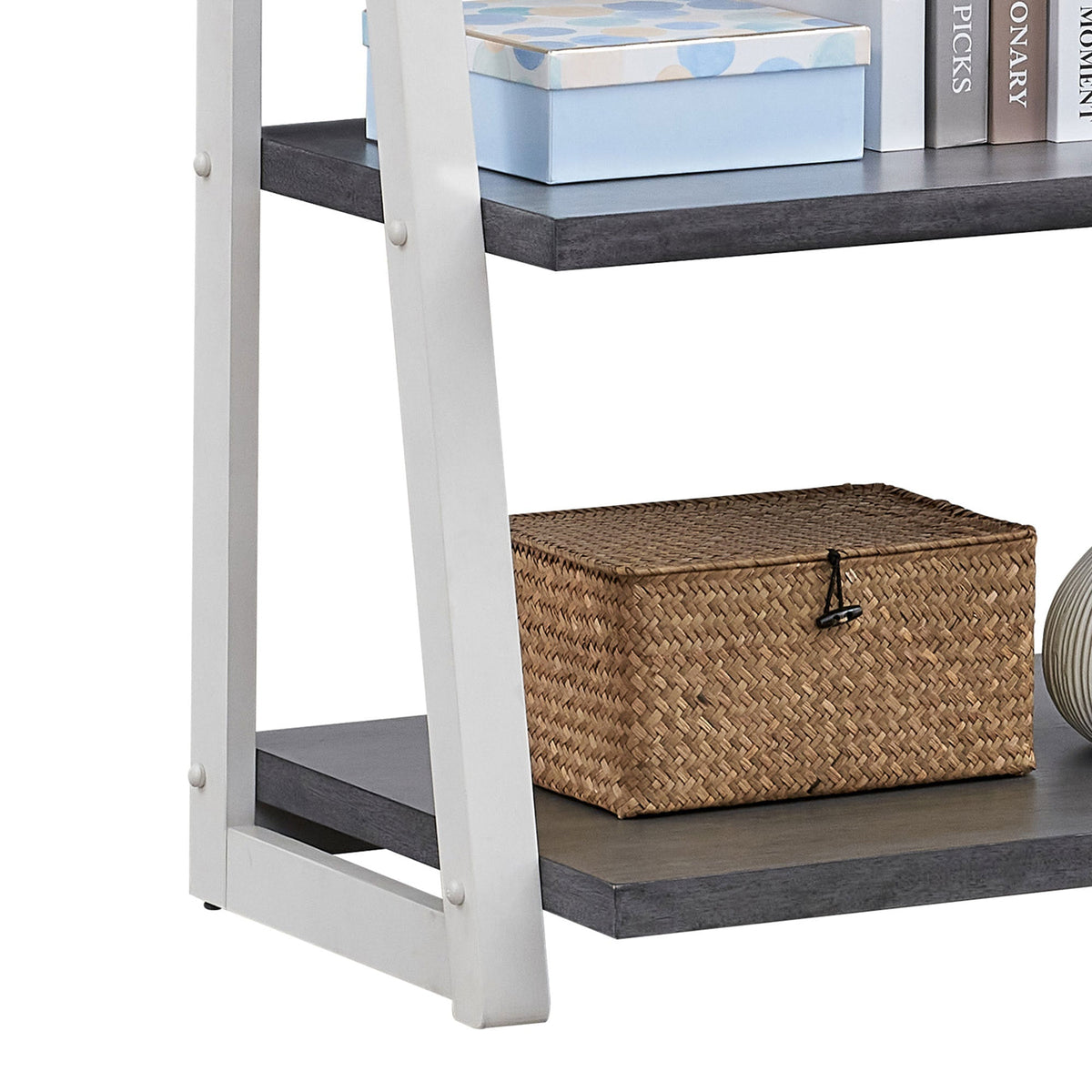 5-Tier Ladder Shelf with Rubber Wood Frame - Grey & White