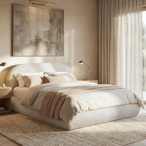 Archie Puffy Grounded Upholstered Platform Bed with Rounded Headboard - Green, White, Beige