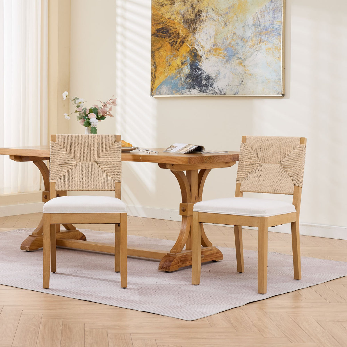 Mid-Century Modern Rope Rattan Dining Chairs Set of 2