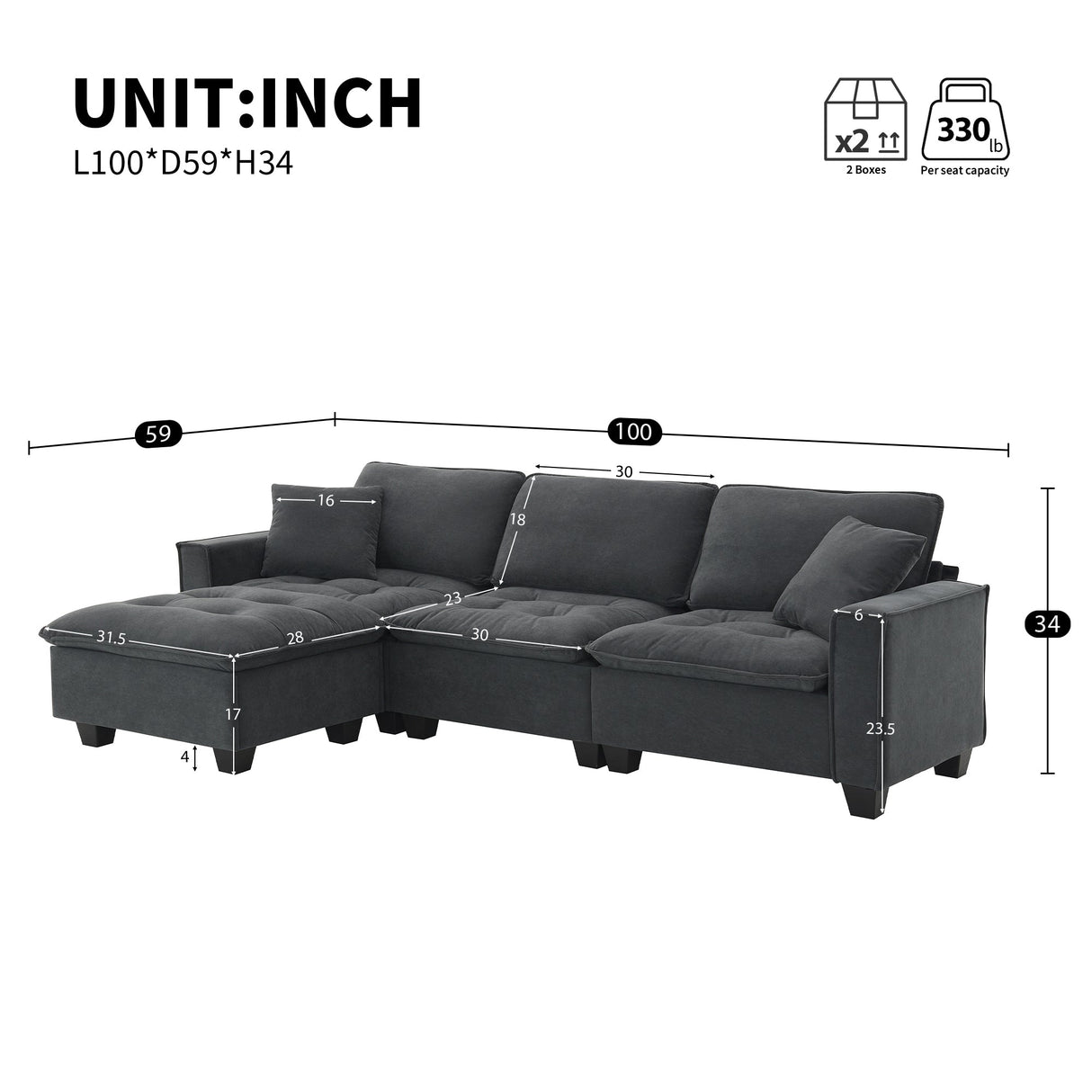 Leland Suede-Tufted L-Shaped Sectional With Ottoman