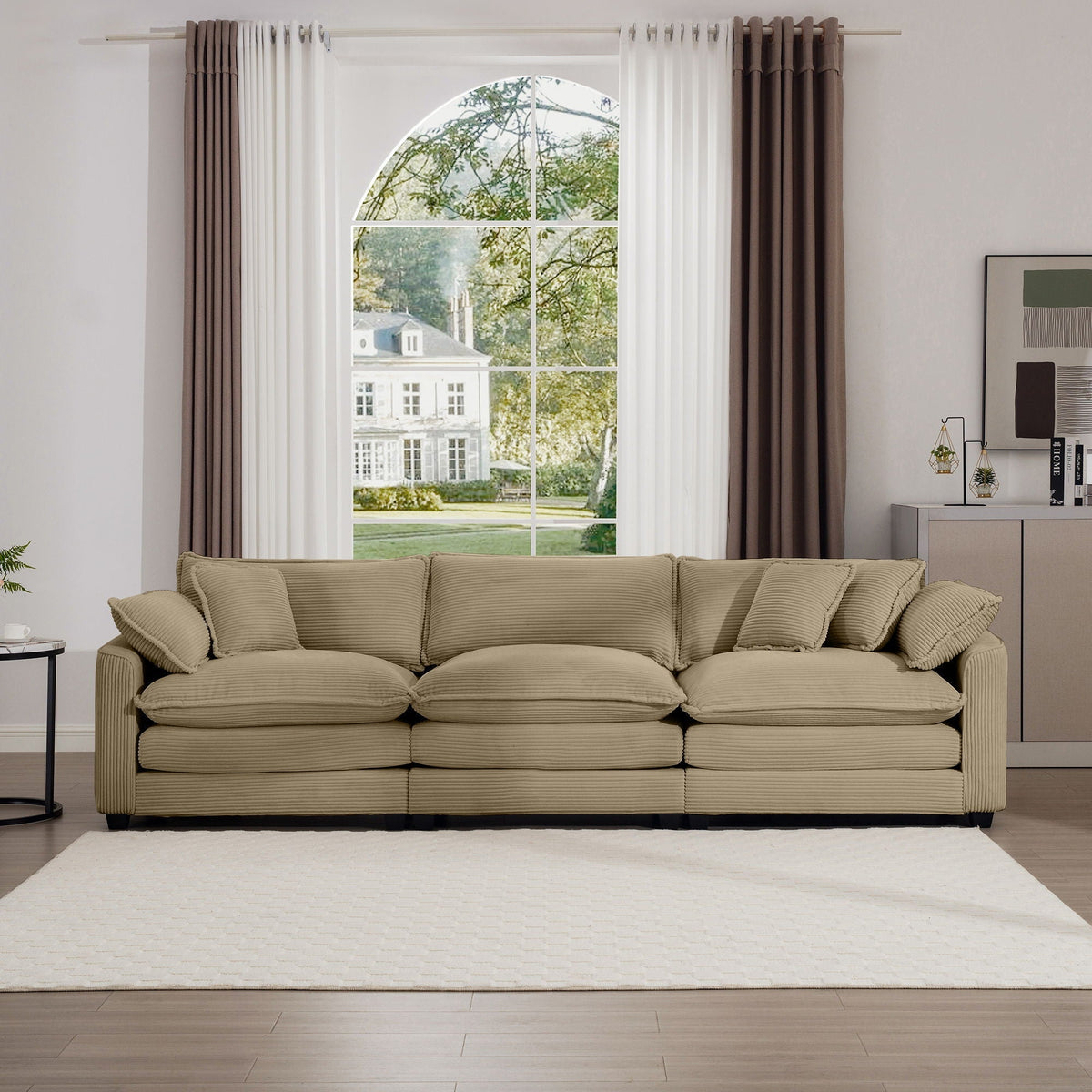 Mid-Century Modern 3 Seater Sectional Sofa with Arm and Throw Pillows - Fabric