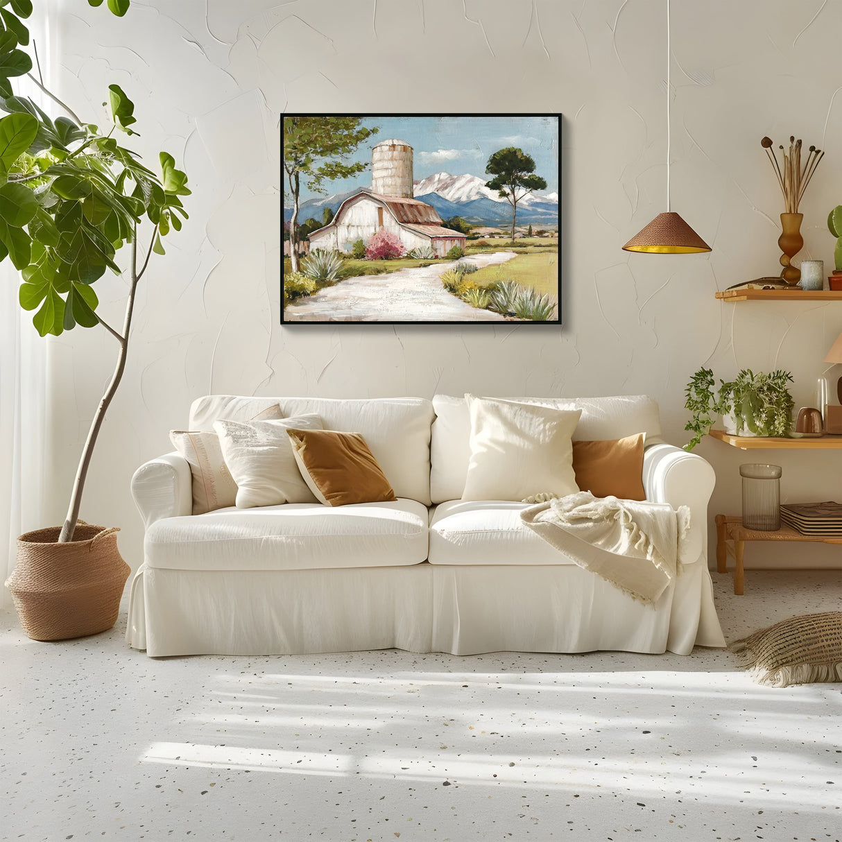 Framed Rustic Farmhouse Canvas Wall Art Beautiful Field Painting Wildflower Barn Print Nature Scenery Picture French Countryside Poster for Bathroom Bedroom Living Room Office Wall Decor 32x24in