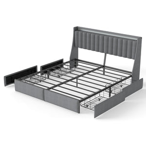 King Upholstered Bed Frame With 4 Storage Drawers, RGB LED Lights & USB / Type-C Charging Station, No Box Spring Needed - Gray