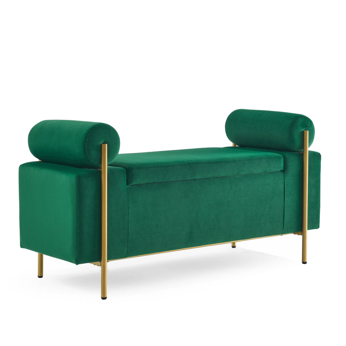 Elegant Upholstered Storage Bench With Cylindrical Arms And Iron Legs,