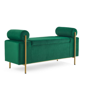 Elegant Upholstered Storage Bench With Cylindrical Arms And Iron Legs,