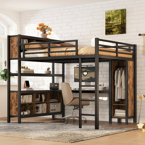 Metal Loft Bed with Wardrobe and L-Shaped Desk
