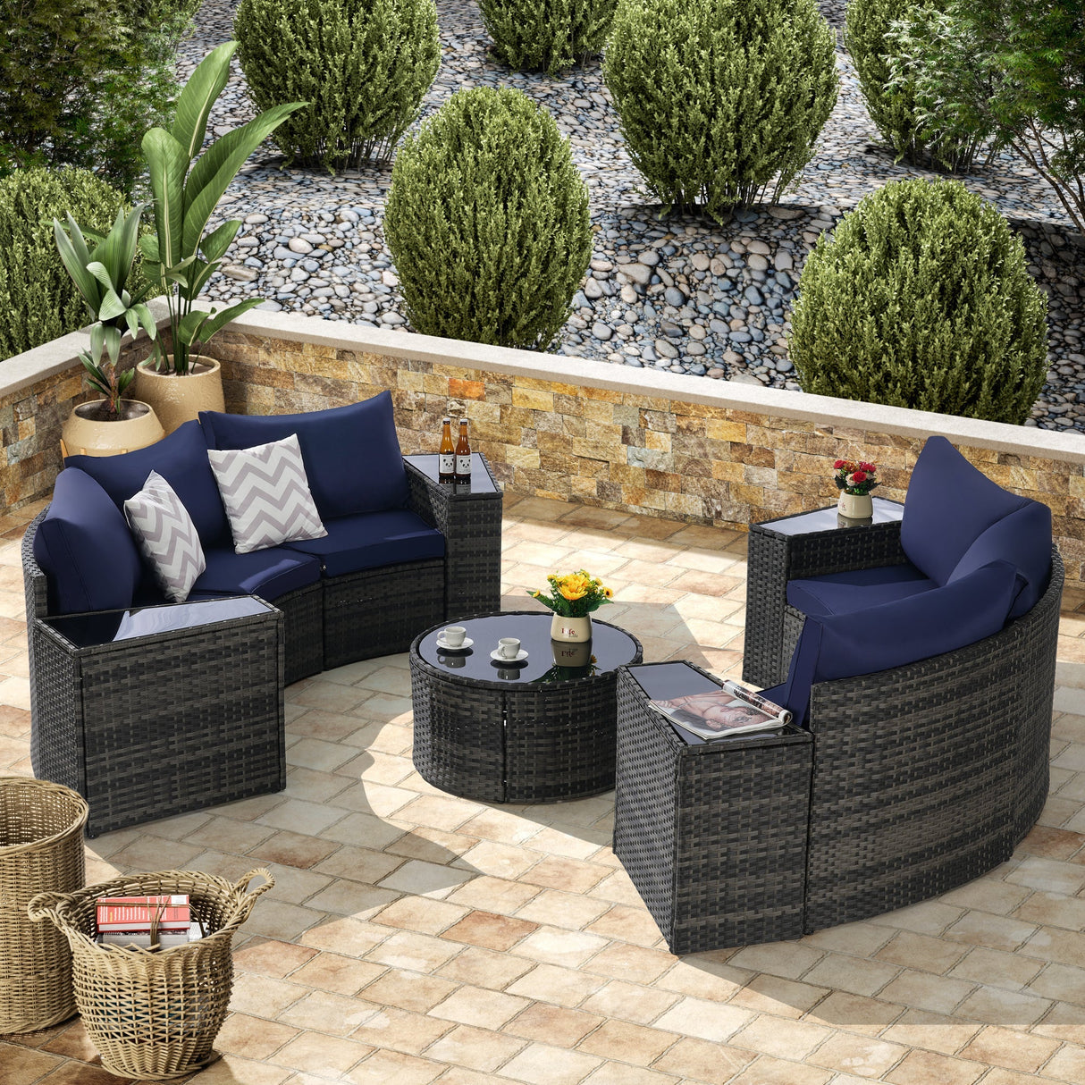 Outdoor Patio Furniture 11-Piece Half-Moon Sectional Round Patio Furniture Set
