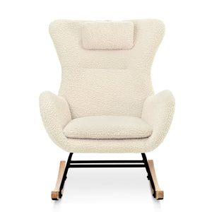 Rocking Chair Nursery, Teddy Upholstered Rocker Glider Chair With High Backrest, Adjustable Headrest & Pocket, Comfy Glider Chair For Nursery, Bedroom, Living Room, Offices, Rubber Wood