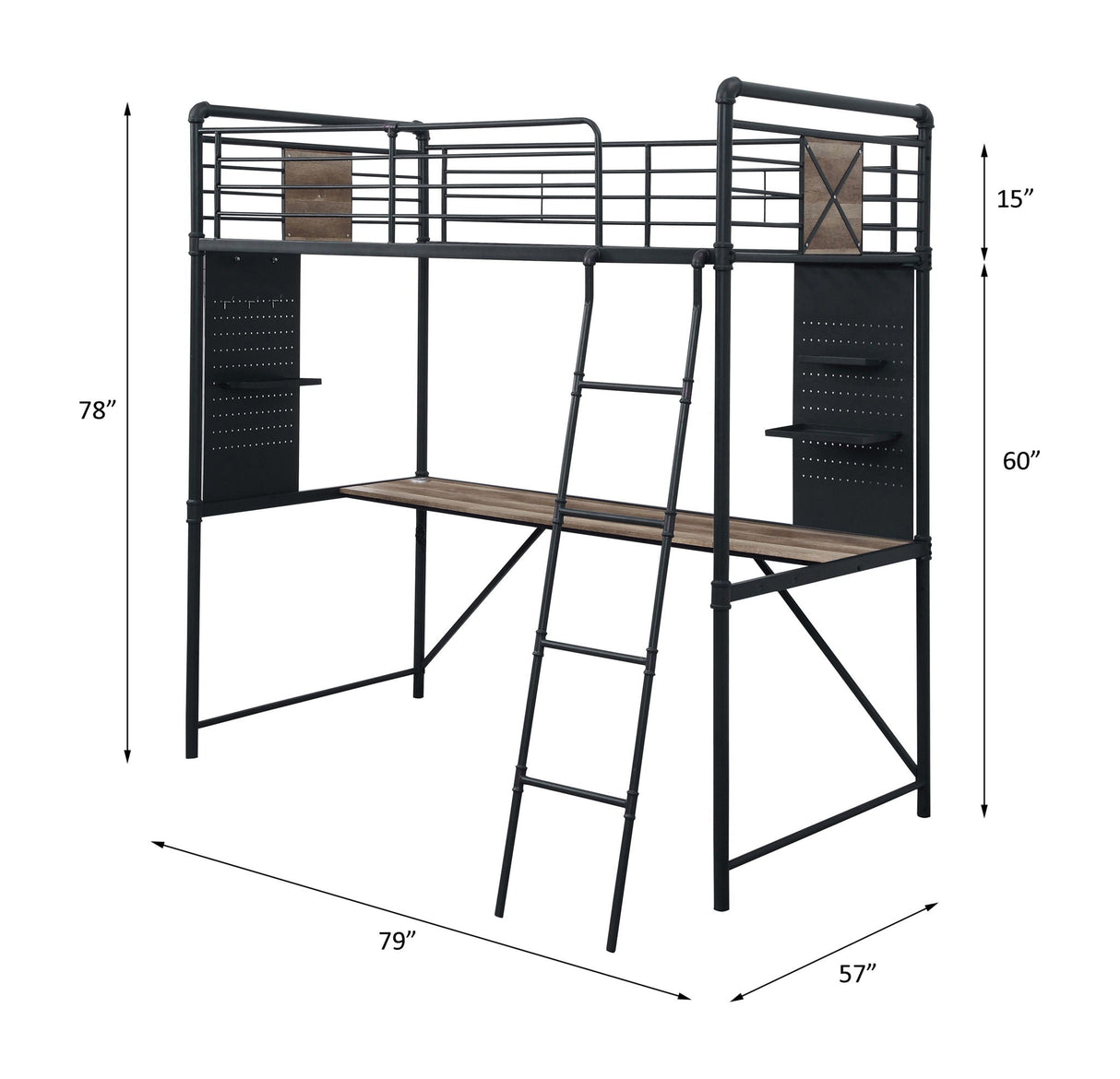 Cordelia - Twin Loft Bed With Desk - Antique Oak, Sandy Black & Dark Bronze Hand-Brushed