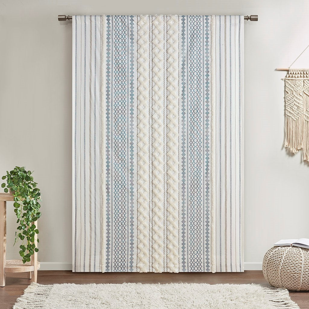 Cotton printed curtain panel with chenille stripe and lining
