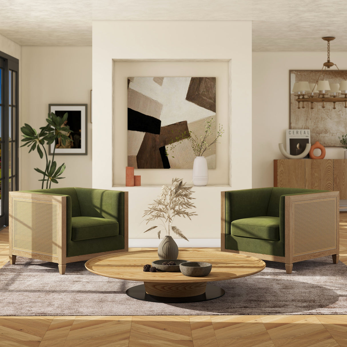 Georgia 34' Cane Rattan Tuxedo Armchair, Olive Green Performance Velvet