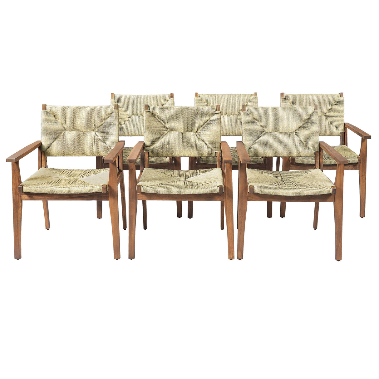 5-Piece Outdoor Dining Set: Teak Finish Round Acacia Wood Table & 4 Teak Finish Wicker Armchairs