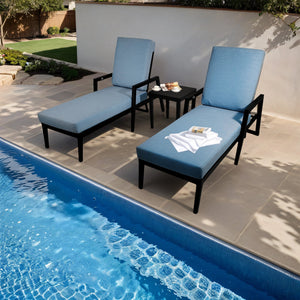 3PC Outdoor Aluminum Patio Furniture Chaise Lounge Set, 2 Chaise & 1 End Table with Modern Tapered Feet, Pneumatic Adjustable Backrest for Effortless Reclining, Wheels, Sunbrella Cushion, Ember Black